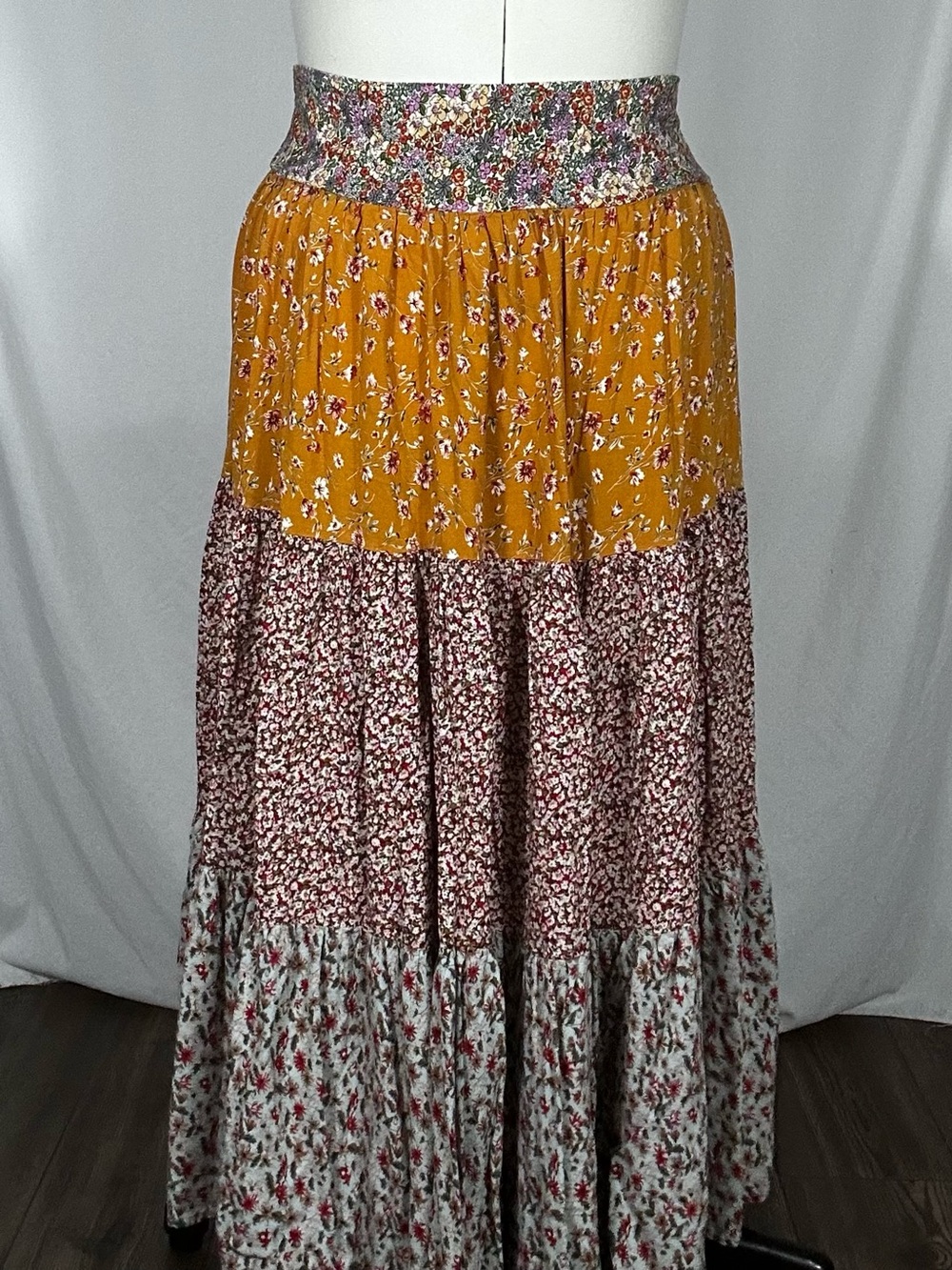 NATURAL LIFE Mustard and Burgundy Floral Tiered Maxi Skirt